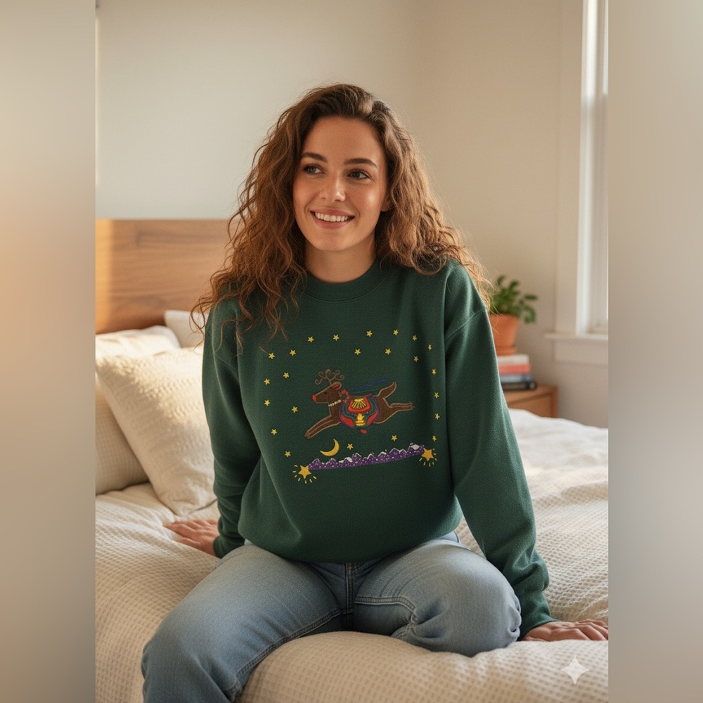 🦌 Vtg 90s Atlas Christmas Reindeer Star Embroidered Sweatshirt Oversized L